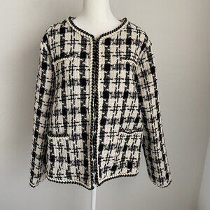 NWT Ying Shan Womens XXL Open Front Lined Blazer/Jacket Black Biege Woven